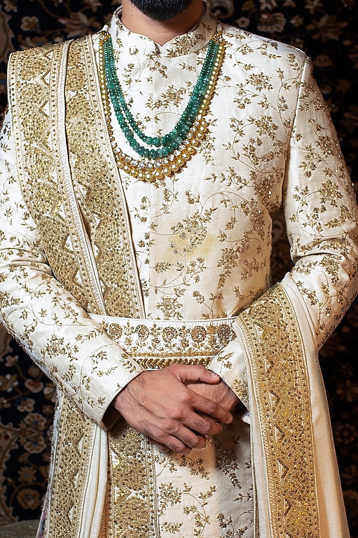Ivory Raw Silk Jaal Embroidered Groom Sherwani Set by YAJY By Aditya Jain at Pernia's Pop Up Shop
