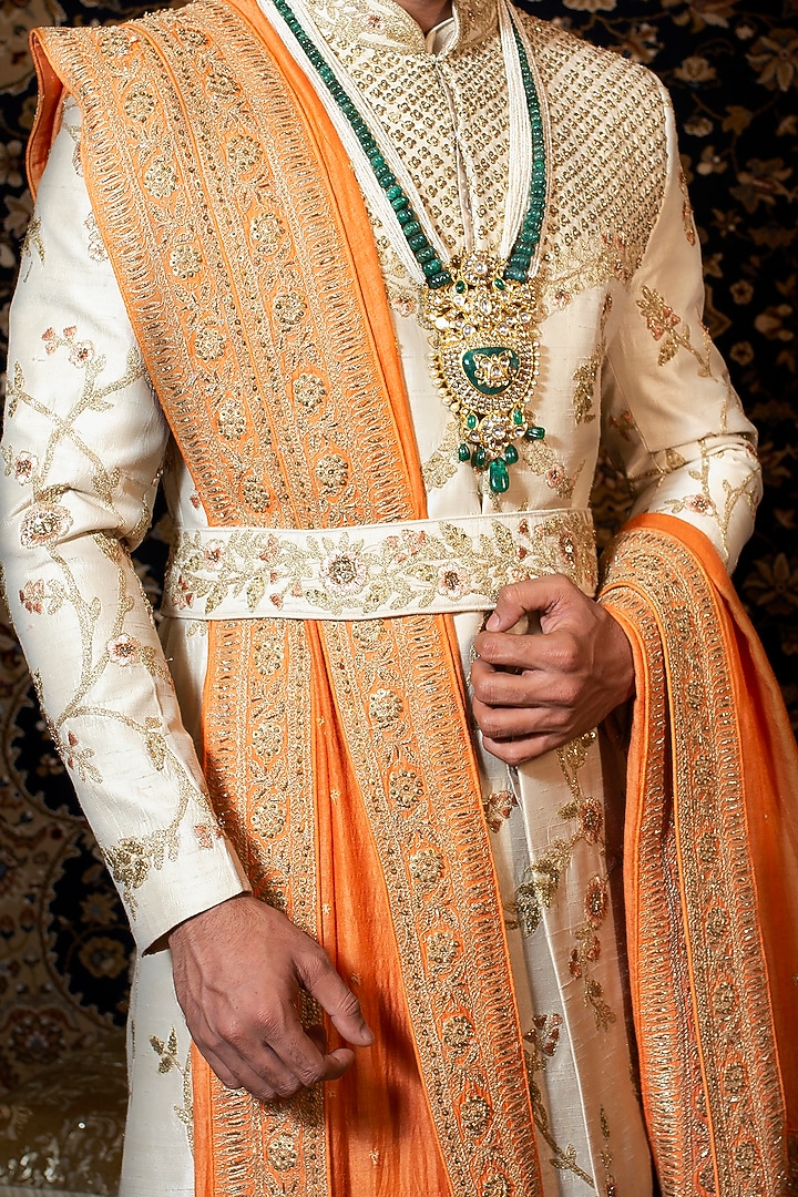 Ivory Raw Silk Floral Embroidered Groom Sherwani Set by YAJY By Aditya Jain at Pernia's Pop Up Shop