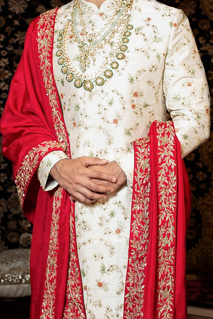 Ivory-Shaded Raw Silk Jaal Embroidered Groom Sherwani Set by YAJY By Aditya Jain at Pernia's Pop Up Shop