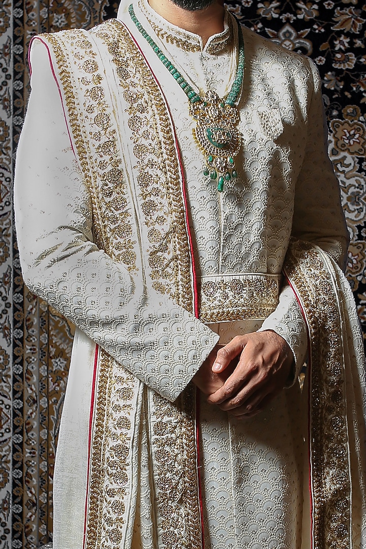 Ivory Chikankari Hand Embroidered Groom Sherwani Set by YAJY By Aditya Jain at Pernia's Pop Up Shop