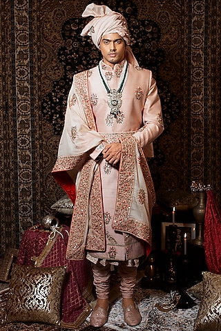 Rose Gold Raw Silk Boota Embroidered Sherwani Set by YAJY By Aditya Jain
