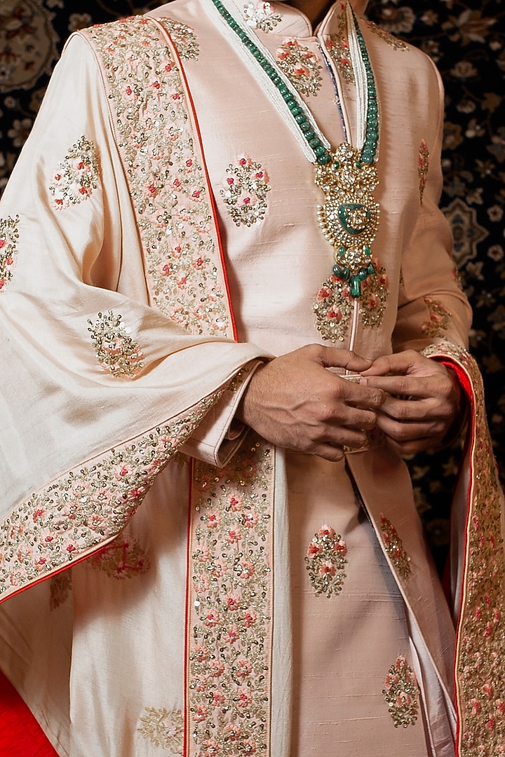 Rose Gold Raw Silk Boota Embroidered Groom Sherwani Set by YAJY By Aditya Jain at Pernia's Pop Up Shop