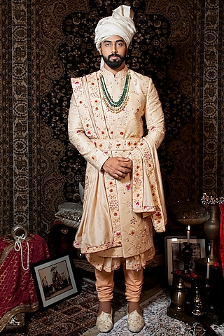 Peach-Shaded Raw Silk Thread Embroidered Sherwani Set
 by YAJY By Aditya Jain