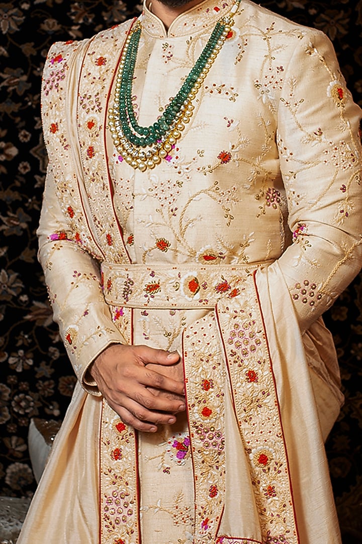 Peach-Shaded Raw Silk Thread Embroidered Groom Sherwani Set
 by YAJY By Aditya Jain at Pernia's Pop Up Shop
