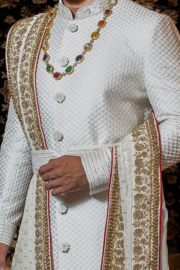 White Resham Hand Embroidered Groom Sherwani Set by YAJY By Aditya Jain at Pernia's Pop Up Shop