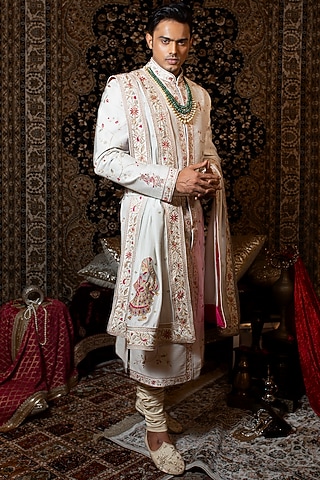 White Raw Silk Thread & Jaal Embroidered Sherwani Set by YAJY By Aditya Jain