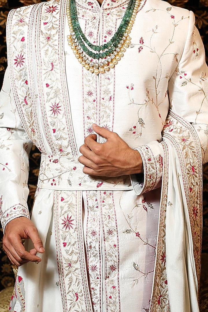White Raw Silk Thread & Jaal Embroidered Groom Sherwani Set by YAJY By Aditya Jain at Pernia's Pop Up Shop