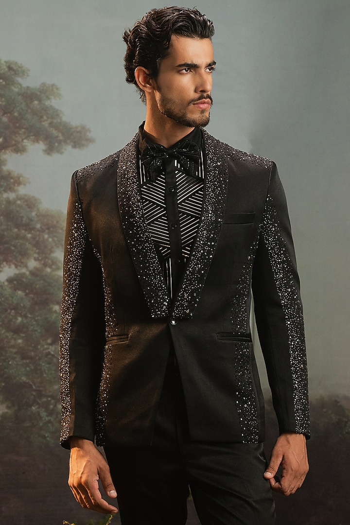 Black Italian Suiting Tuxedo Set by YAJY By Aditya Jain at Pernia's Pop Up Shop