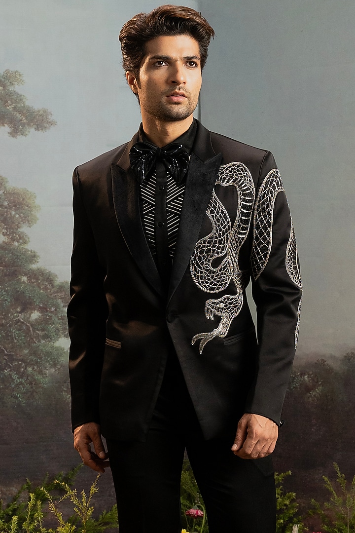 Black Italian Suiting Anaconda Embroidered Tuxedo Set by YAJY By Aditya Jain at Pernia's Pop Up Shop