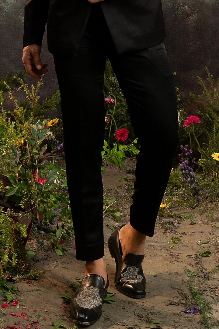 Black Italian Suiting Anaconda Embroidered Tuxedo Set by YAJY By Aditya Jain at Pernia's Pop Up Shop