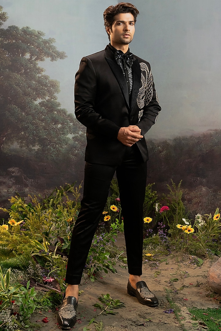 Black Italian Suiting Anaconda Embroidered Tuxedo Set by YAJY By Aditya Jain at Pernia's Pop Up Shop