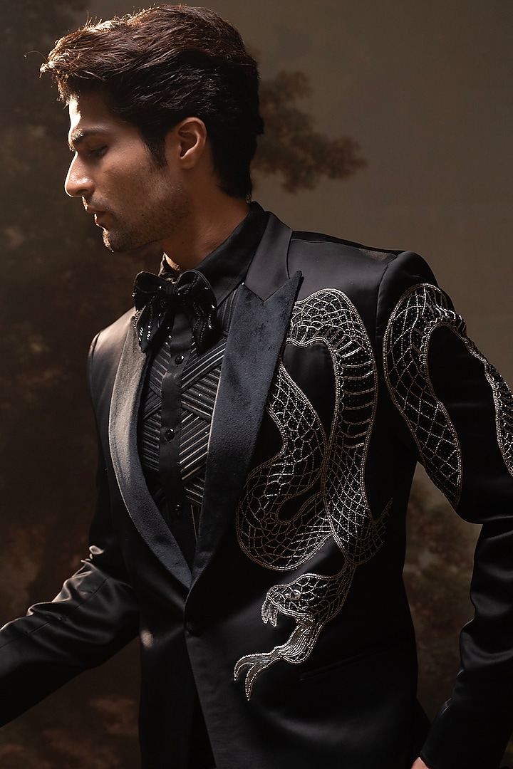 Black Italian Suiting Anaconda Embroidered Tuxedo Set by YAJY By Aditya Jain at Pernia's Pop Up Shop