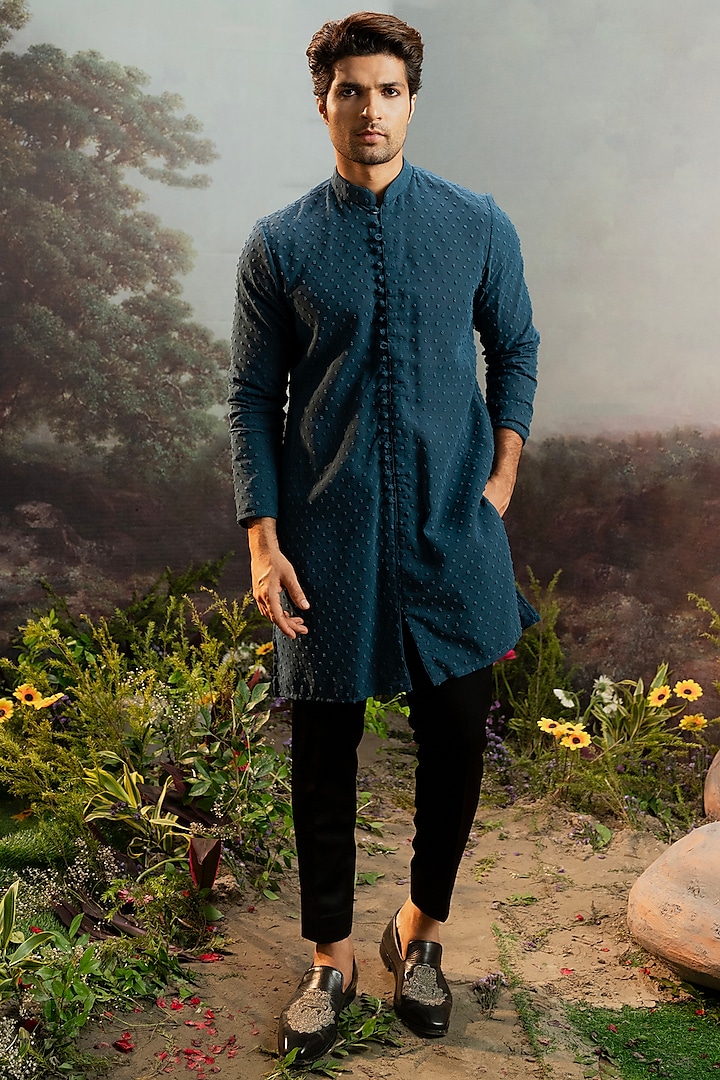Teal Blue Fancy Fabric Embroidered Kurta Set by YAJY By Aditya Jain at Pernia's Pop Up Shop
