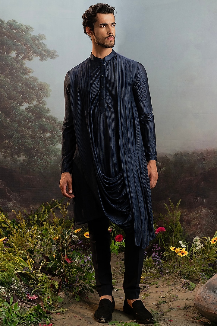 Midnight Blue Fancy Fabric Draped Kurta Set by YAJY By Aditya Jain at Pernia's Pop Up Shop