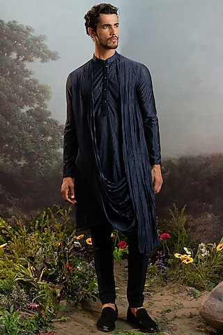 Midnight Blue Fancy Fabric Draped Kurta Set by YAJY By Aditya Jain