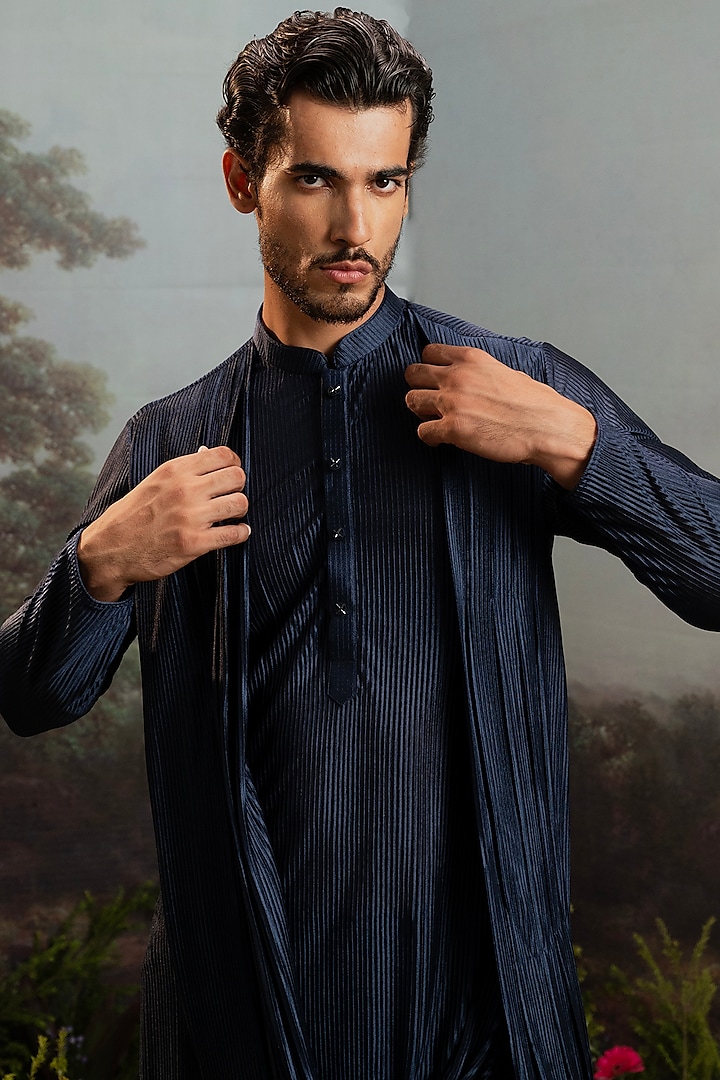 Midnight Blue Fancy Fabric Draped Kurta Set by YAJY By Aditya Jain at Pernia's Pop Up Shop