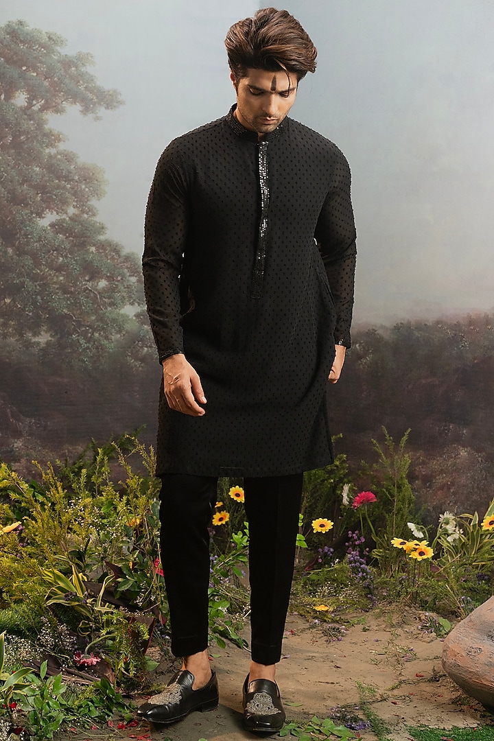 Black Fancy Fabric Embroidered Kurta Set by YAJY By Aditya Jain at Pernia's Pop Up Shop