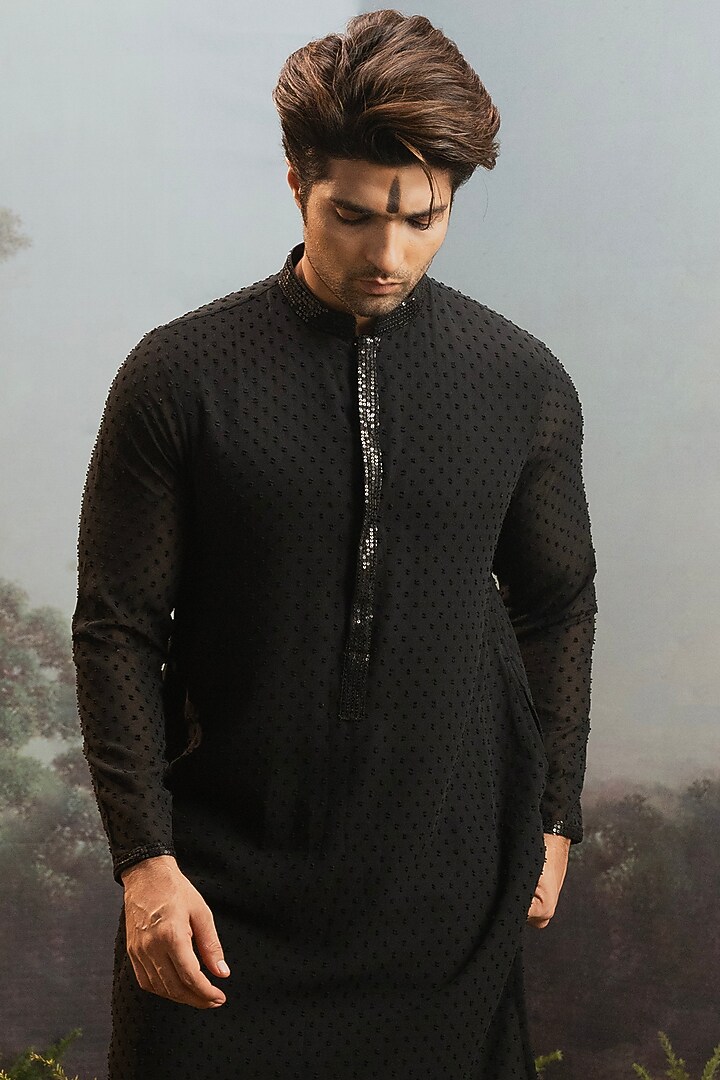 Black Fancy Fabric Embroidered Kurta Set by YAJY By Aditya Jain at Pernia's Pop Up Shop