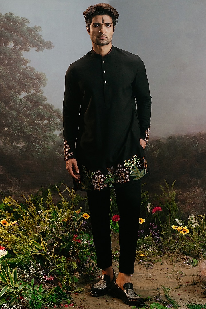 Black Fancy Fabric Embroidered Kurta Set by YAJY By Aditya Jain at Pernia's Pop Up Shop