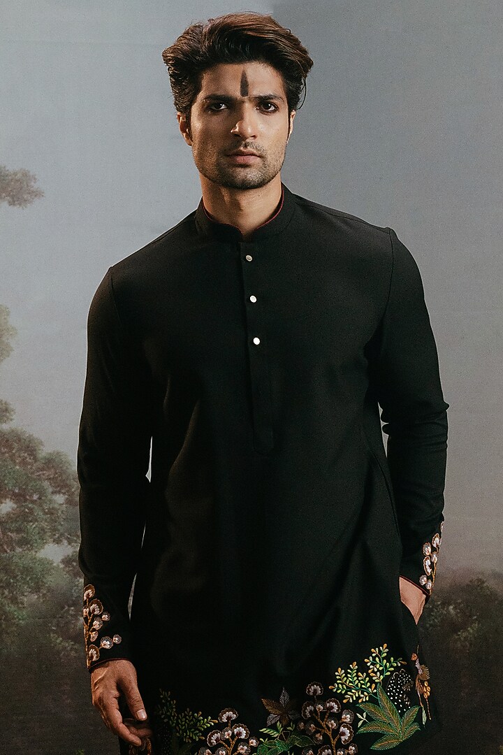 Black Fancy Fabric Embroidered Kurta Set by YAJY By Aditya Jain at Pernia's Pop Up Shop