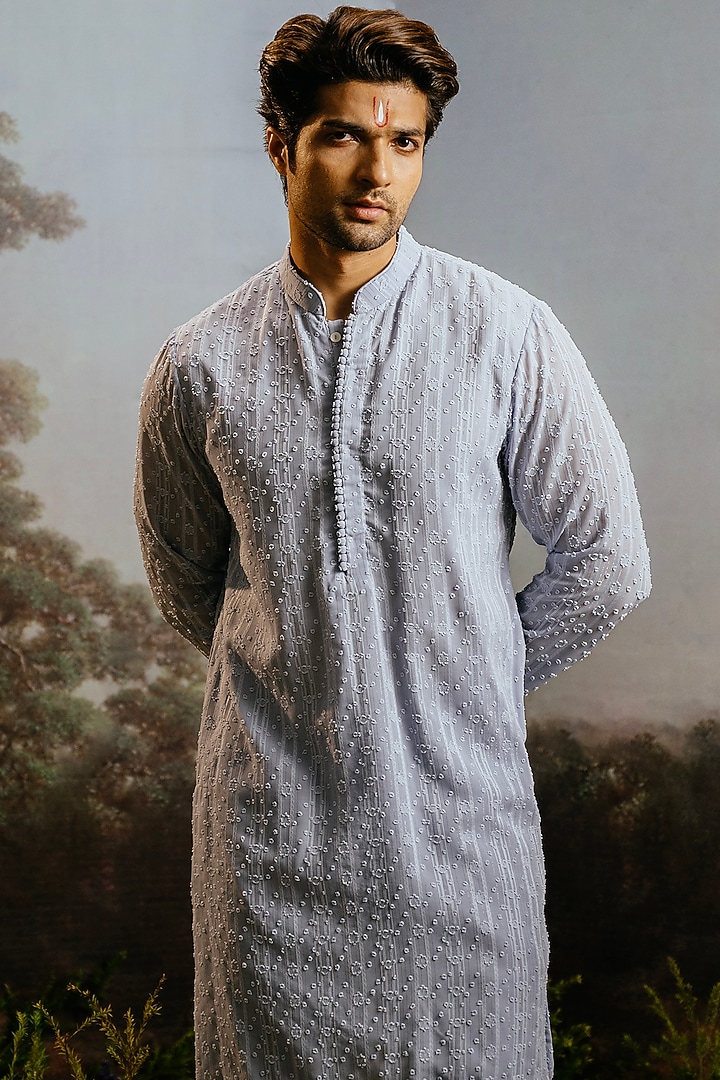 Powder Blue Fancy Fabric Embroidered Kurta Set by YAJY By Aditya Jain at Pernia's Pop Up Shop