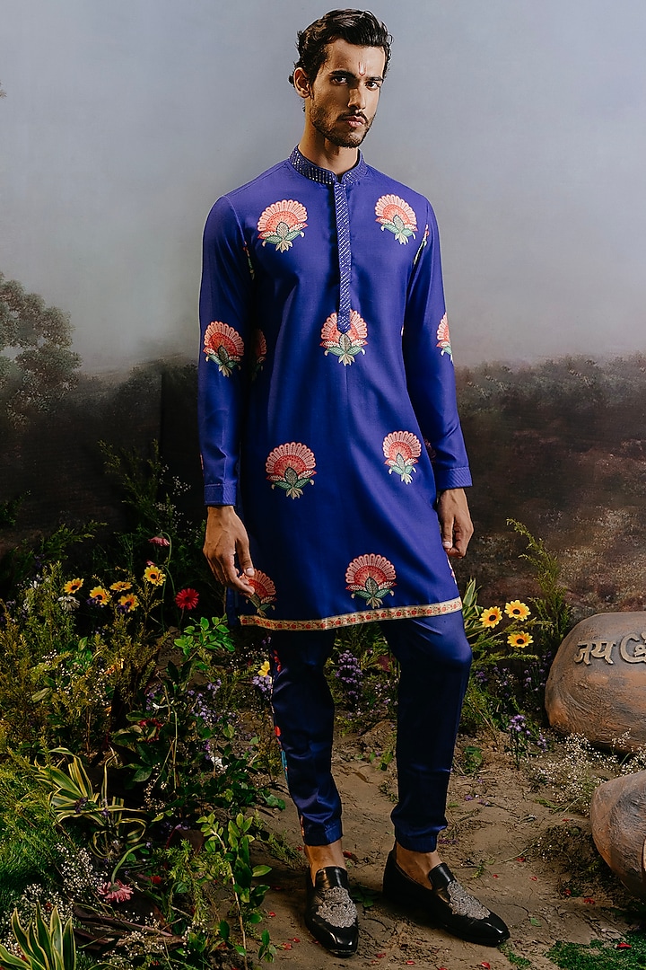 Cobalt Blue Rayon Rajasthani Kurta Set by YAJY By Aditya Jain