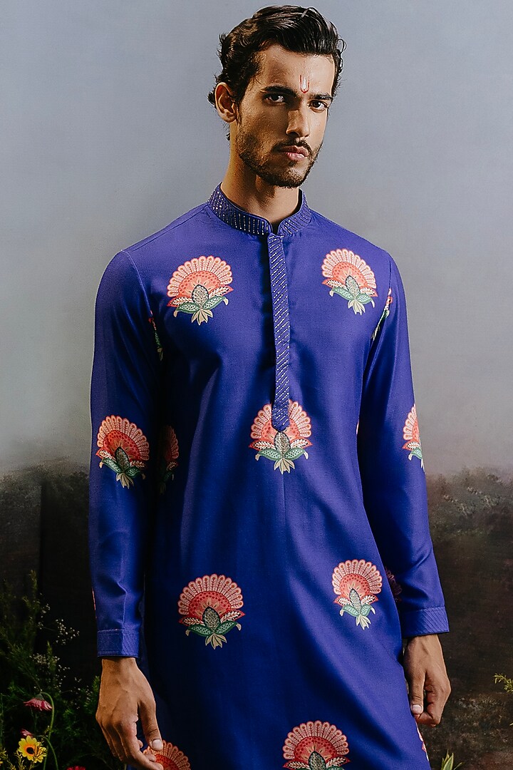 Cobalt Blue Rayon Rajasthani Kurta Set by YAJY By Aditya Jain at Pernia's Pop Up Shop