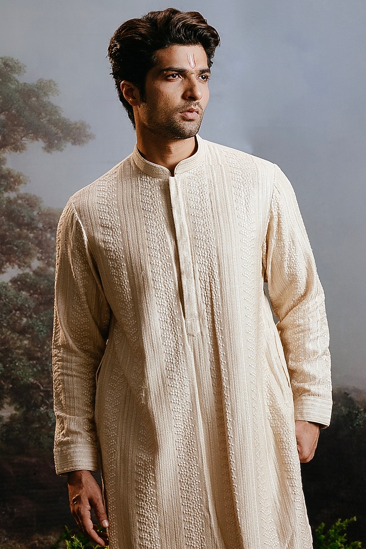 Ivory Silk Resham Embroidered Kurta Set by YAJY By Aditya Jain at Pernia's Pop Up Shop
