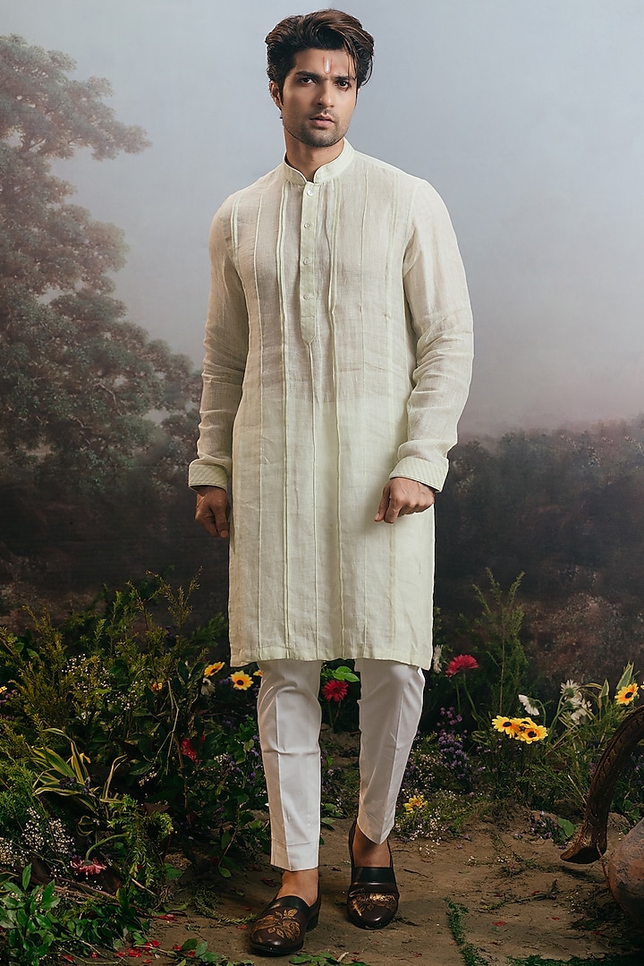 Mint Green Linen Pintuck Kurta Set by YAJY By Aditya Jain