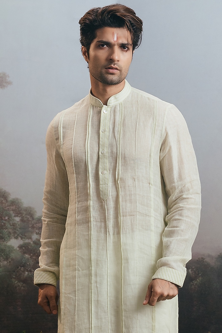 Mint Green Linen Pintuck Kurta Set by YAJY By Aditya Jain at Pernia's Pop Up Shop