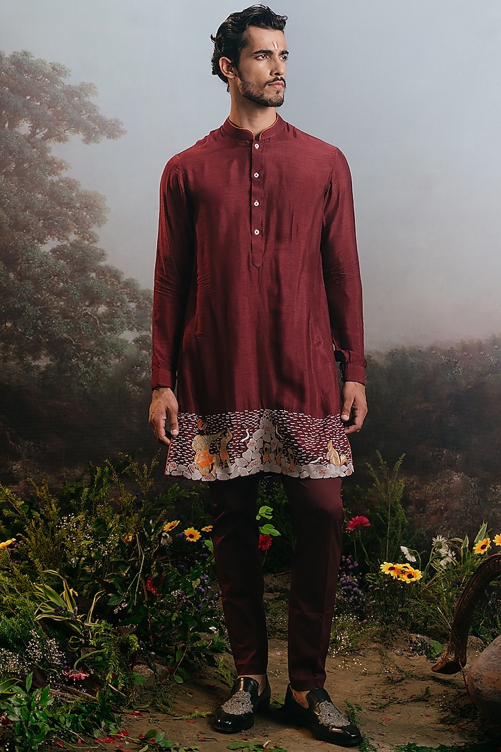 Wine Red Silk Embroidered Kurta Set by YAJY By Aditya Jain