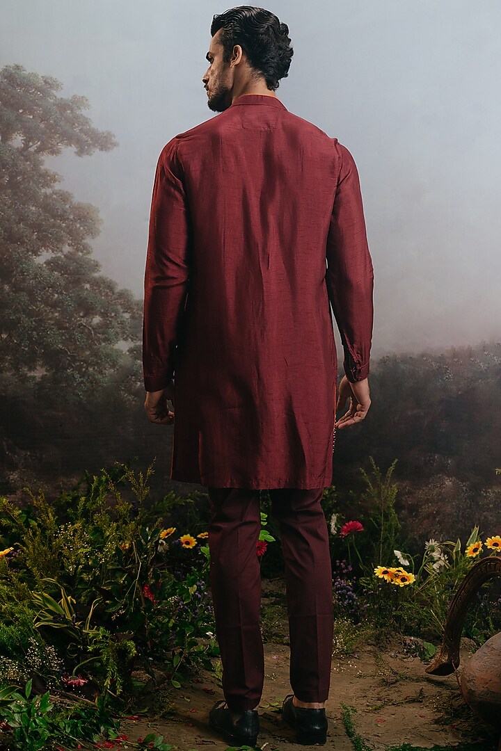 Wine Red Silk Embroidered Kurta Set by YAJY By Aditya Jain at Pernia's Pop Up Shop