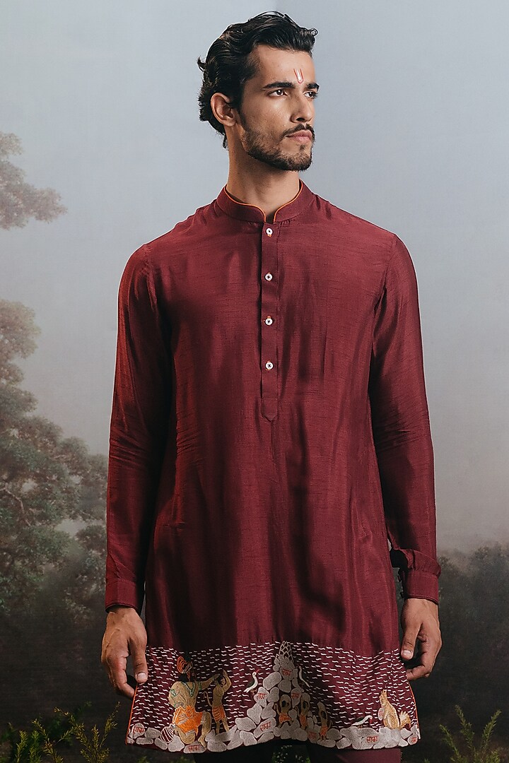 Wine Red Silk Embroidered Kurta Set by YAJY By Aditya Jain at Pernia's Pop Up Shop