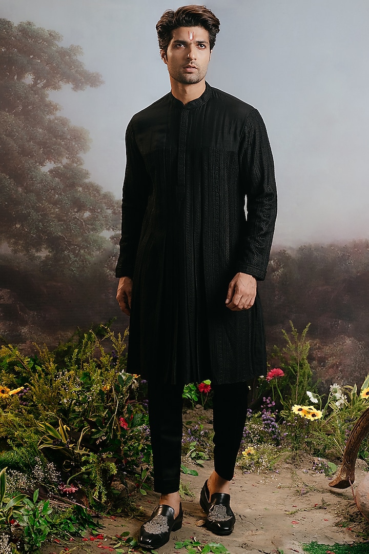 Black Silk Resham Embroidered Kalidar Kurta Set by YAJY By Aditya Jain at Pernia's Pop Up Shop