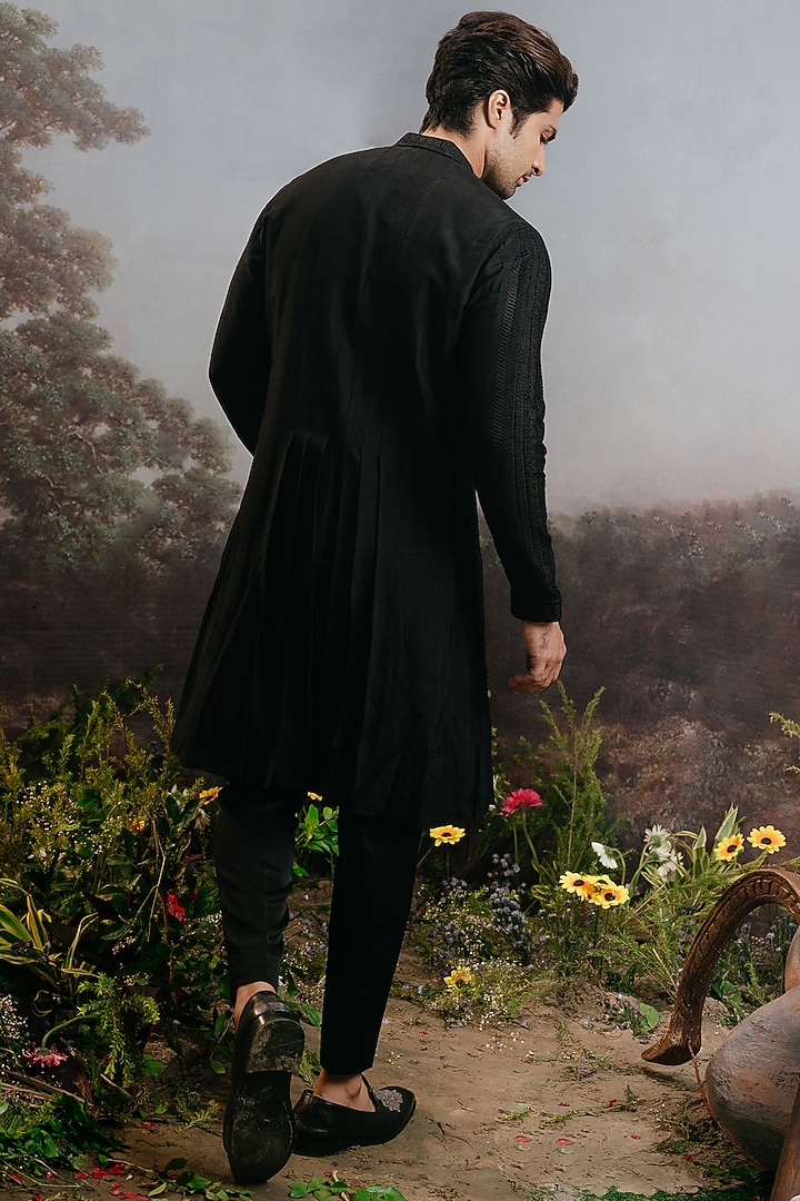 Black Silk Resham Embroidered Kalidar Kurta Set by YAJY By Aditya Jain at Pernia's Pop Up Shop