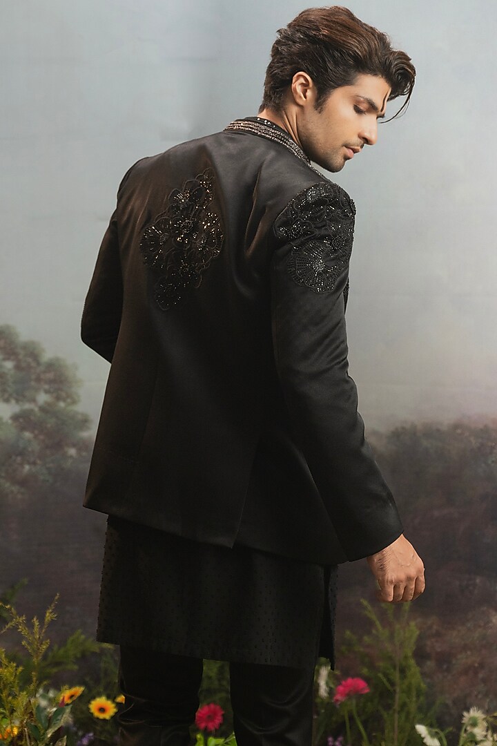 Black Italian Suiting Floral Motif Embroidered Wedding Bandhgala Set by YAJY By Aditya Jain at Pernia's Pop Up Shop