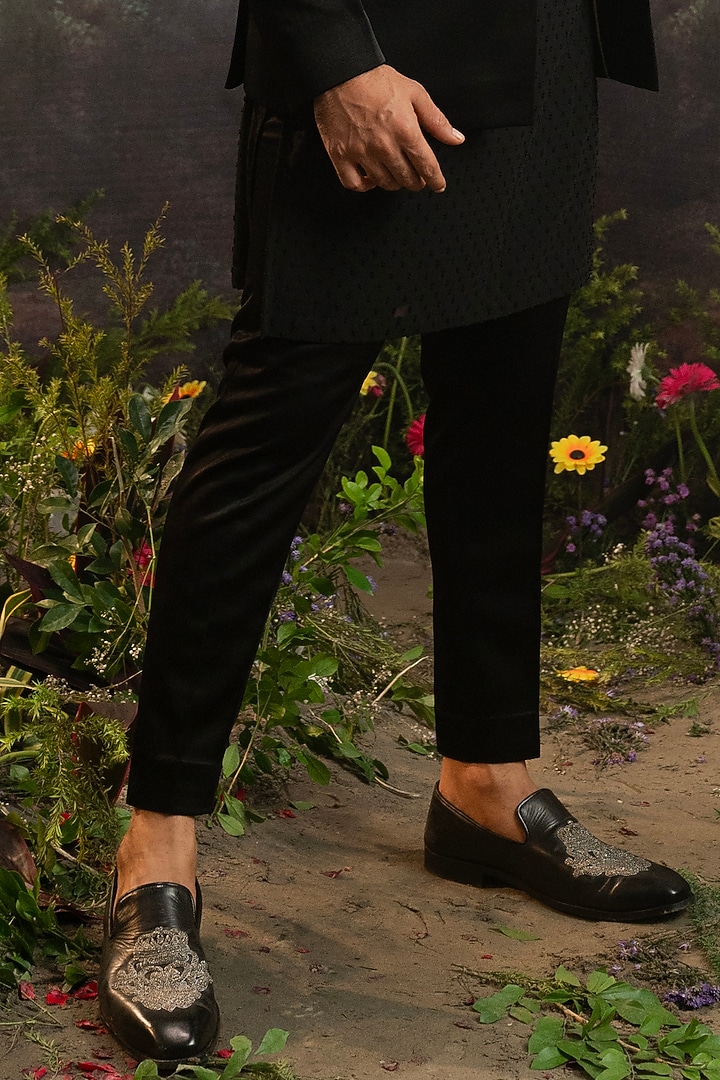 Black Italian Suiting Floral Motif Embroidered Wedding Bandhgala Set by YAJY By Aditya Jain at Pernia's Pop Up Shop
