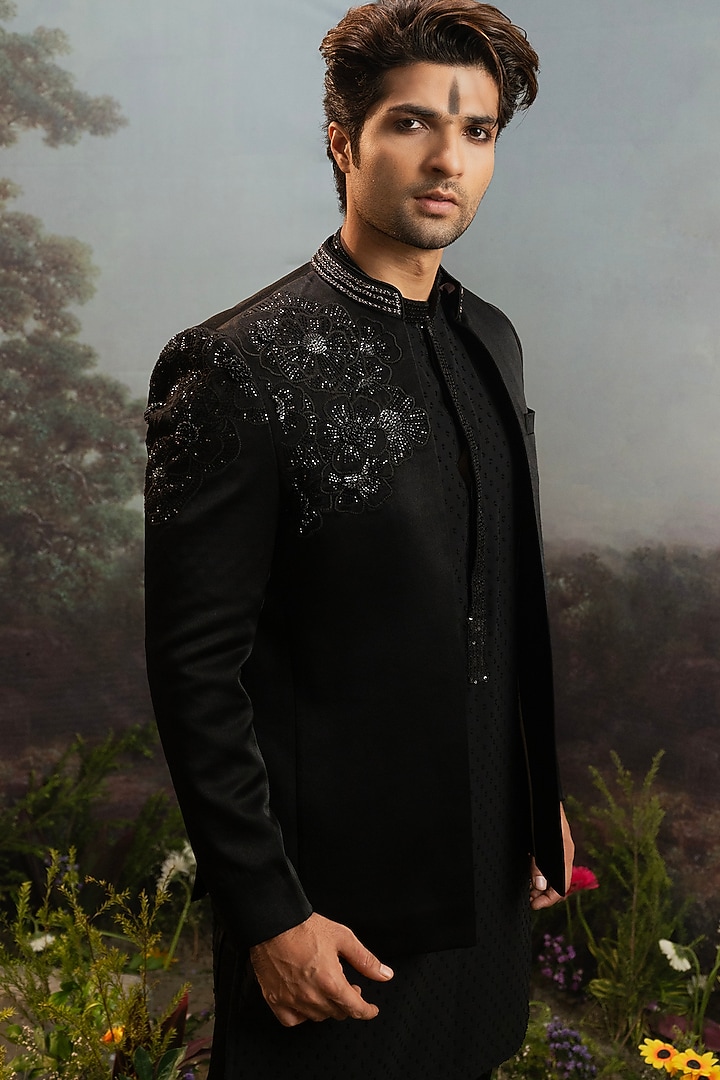 Black Italian Suiting Floral Motif Embroidered Wedding Bandhgala Set by YAJY By Aditya Jain at Pernia's Pop Up Shop