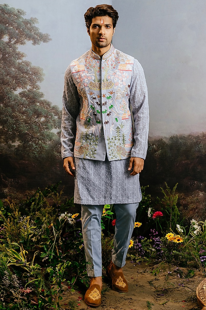 Powder Blue Silk Embroidered Nehru Jacket Set by YAJY By Aditya Jain at Pernia's Pop Up Shop