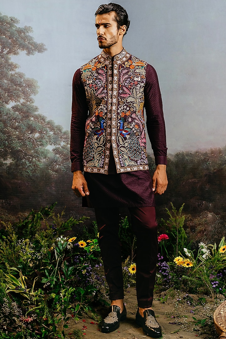 Jamuni Silk Peacock Motif Nehru Jacket Set by YAJY By Aditya Jain