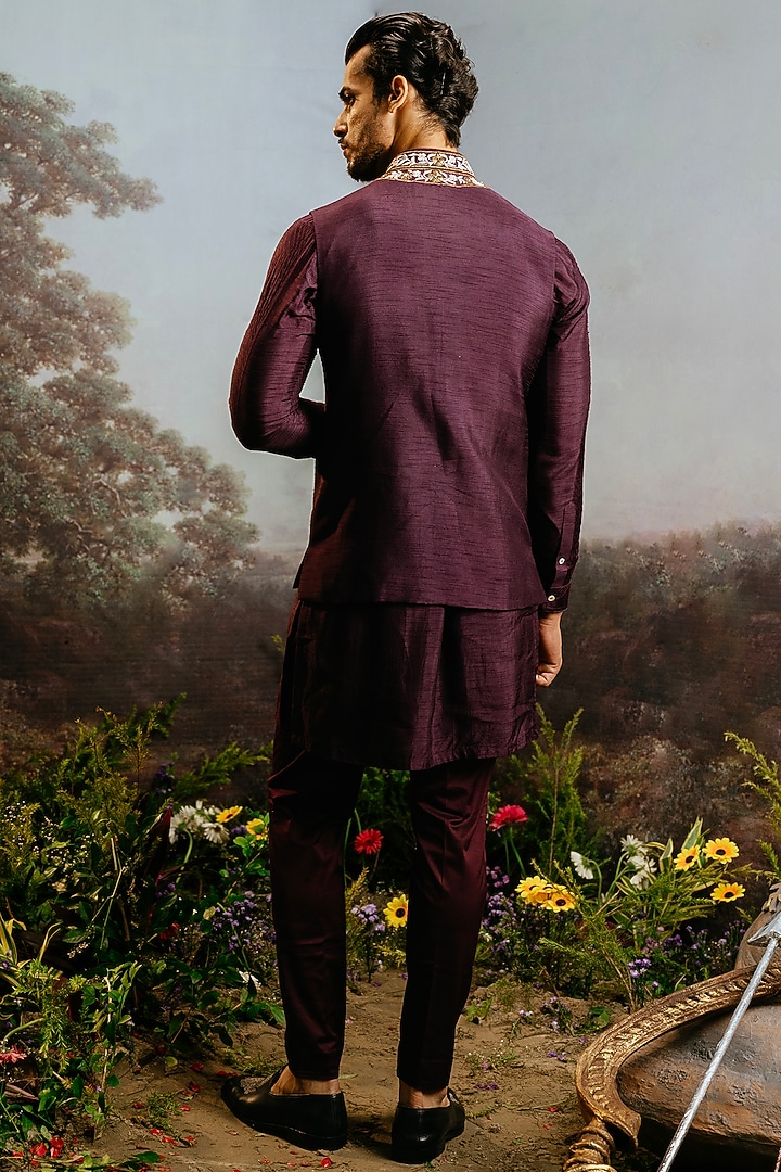 Jamuni Silk Peacock Motif Nehru Jacket Set by YAJY By Aditya Jain at Pernia's Pop Up Shop