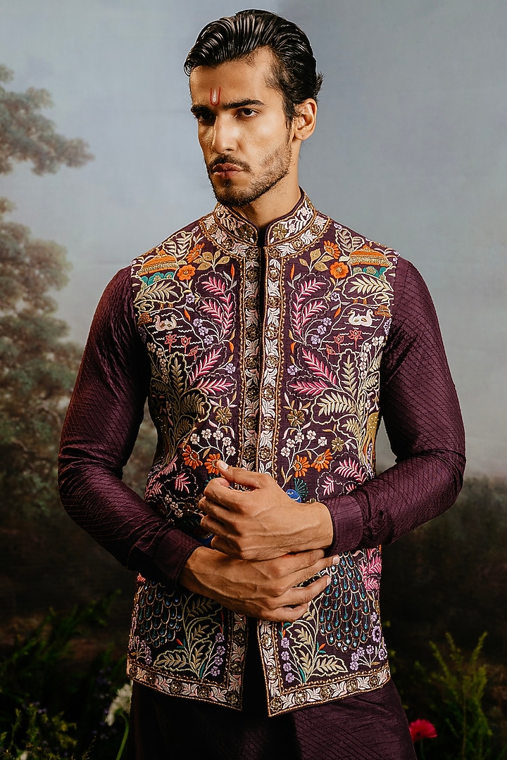 Jamuni Silk Peacock Motif Nehru Jacket Set by YAJY By Aditya Jain at Pernia's Pop Up Shop