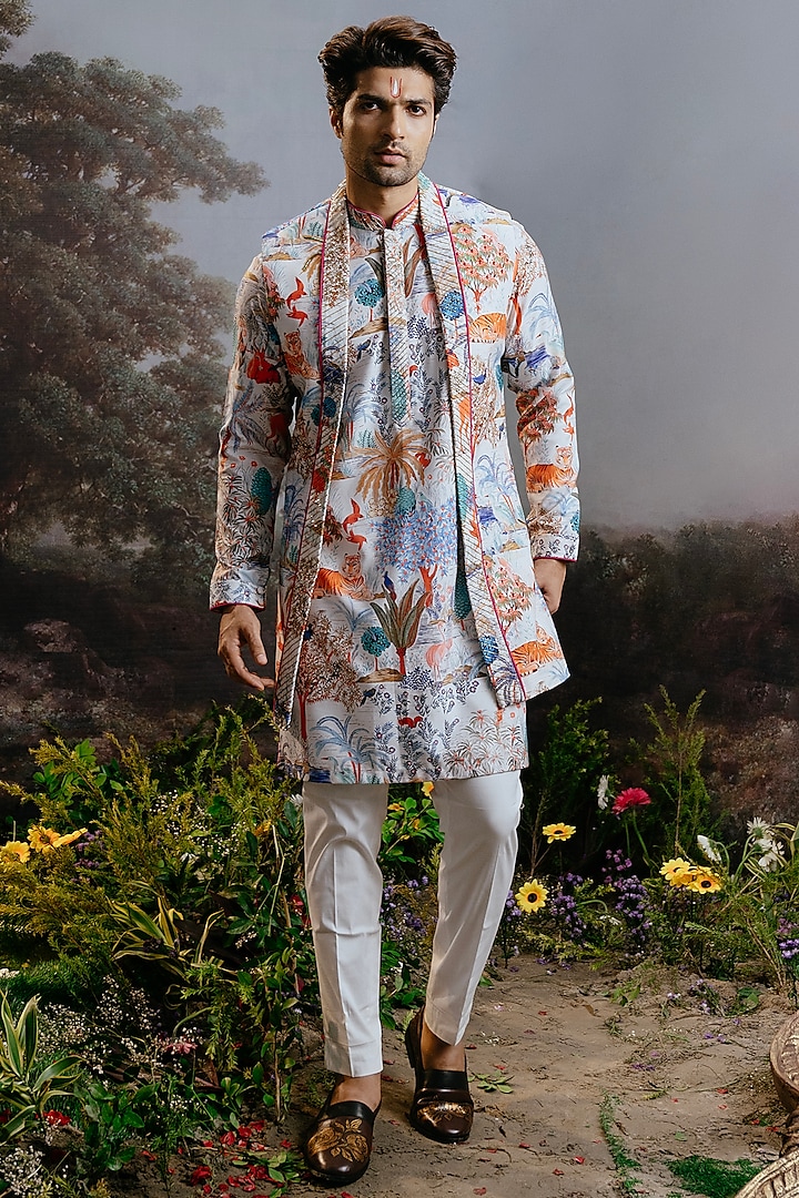 Multi-Colored Rayon Forest Printed Indo-Western Set by YAJY By Aditya Jain