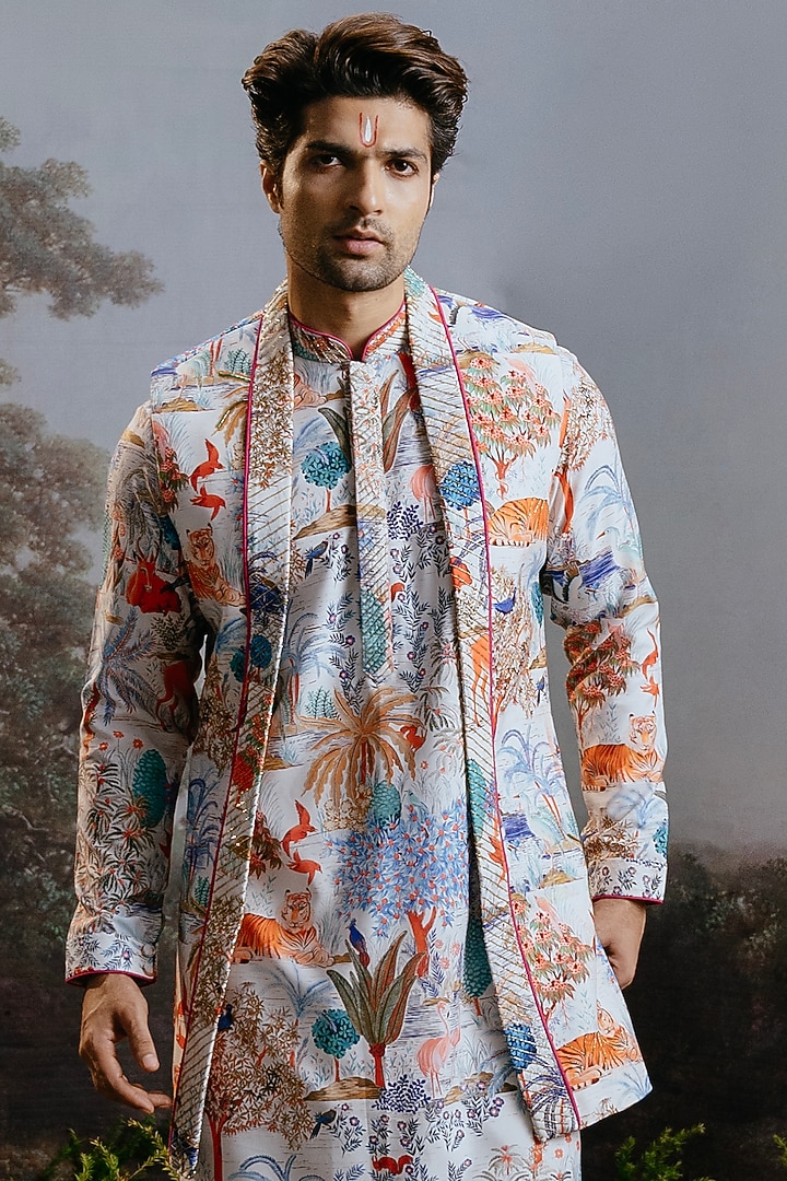 Multi-Colored Rayon Forest Printed Indo-Western Set by YAJY By Aditya Jain at Pernia's Pop Up Shop