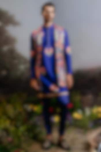 Cobalt Blue Rayon Printed Open Long Jacket Set by YAJY By Aditya Jain at Pernia's Pop Up Shop