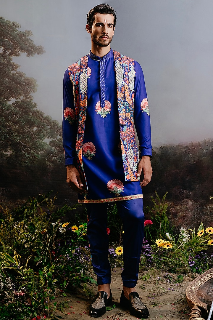 Cobalt Blue Rayon Printed Open Long Jacket Set by YAJY By Aditya Jain at Pernia's Pop Up Shop