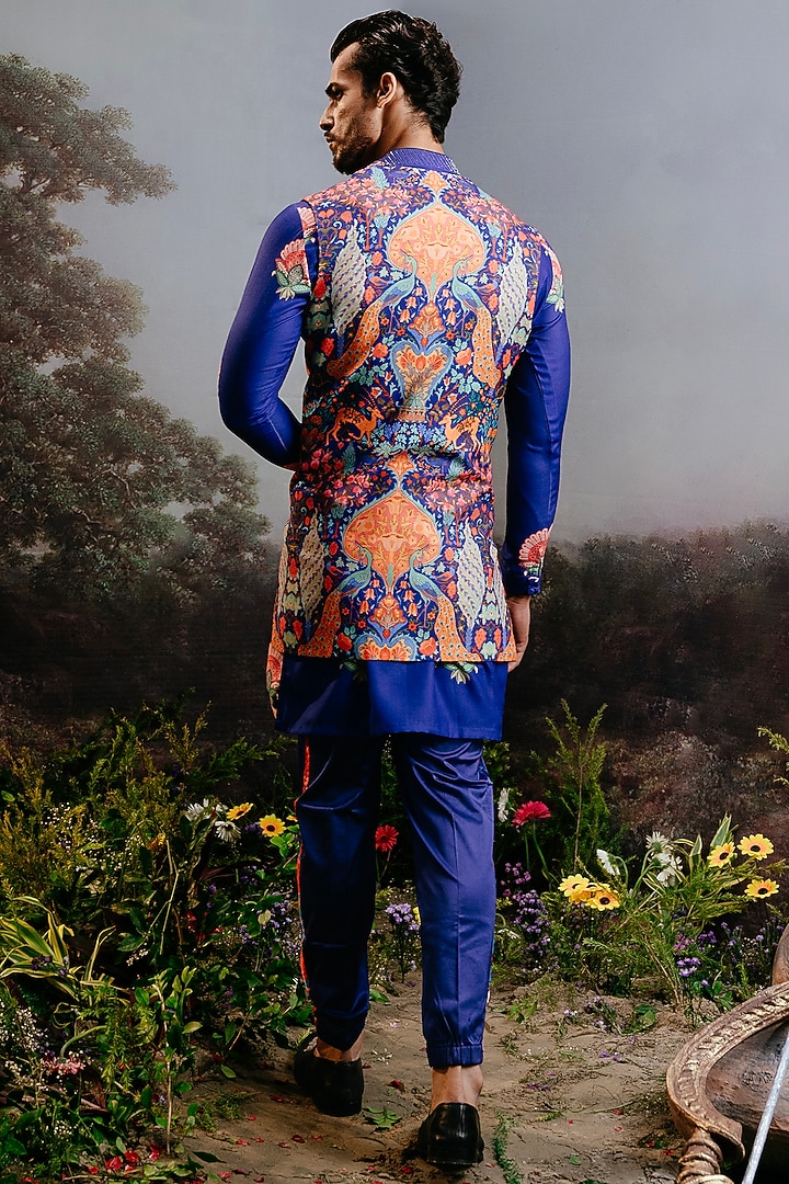 Cobalt Blue Rayon Printed Open Long Jacket Set by YAJY By Aditya Jain at Pernia's Pop Up Shop