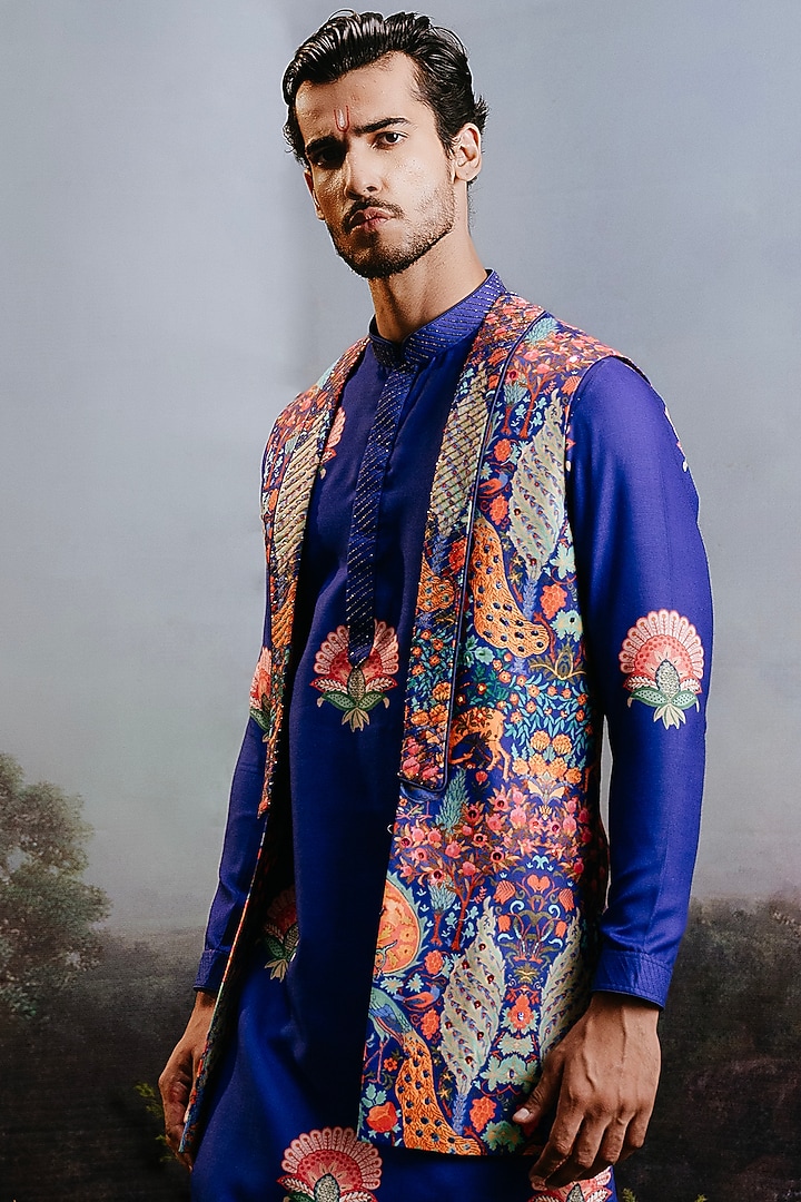 Cobalt Blue Rayon Printed Open Long Jacket Set by YAJY By Aditya Jain at Pernia's Pop Up Shop