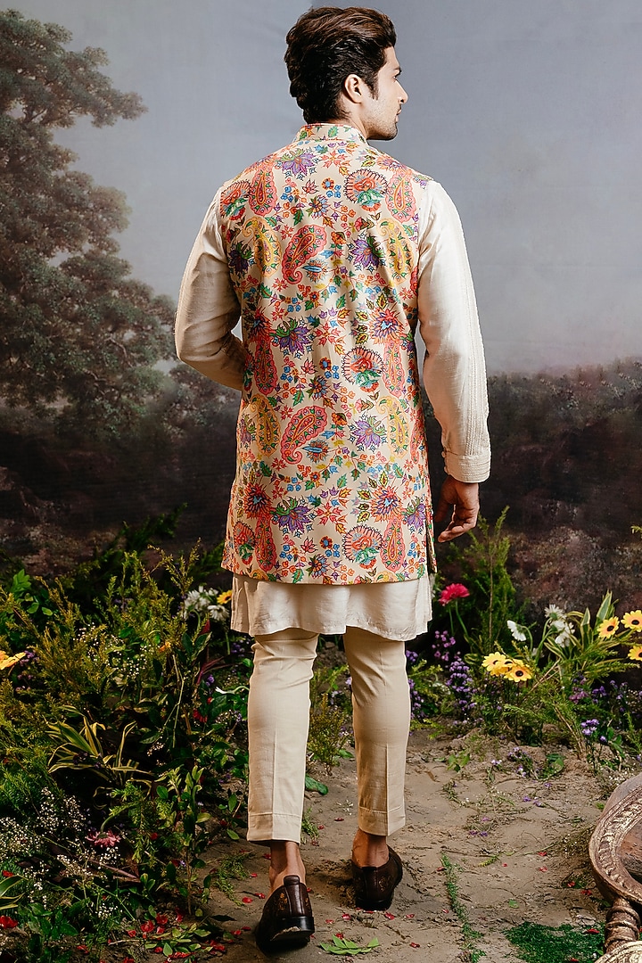 Multi-Colored Rayon & Silk Printed Open Long Jacket Set by YAJY By Aditya Jain at Pernia's Pop Up Shop