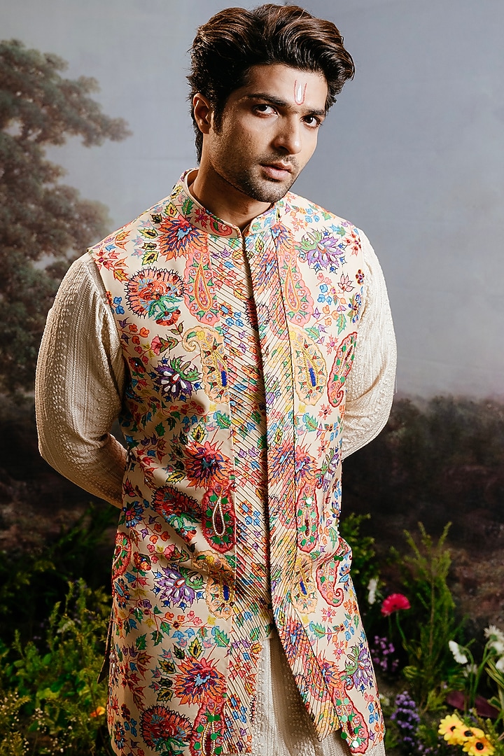 Multi-Colored Rayon & Silk Printed Open Long Jacket Set by YAJY By Aditya Jain at Pernia's Pop Up Shop